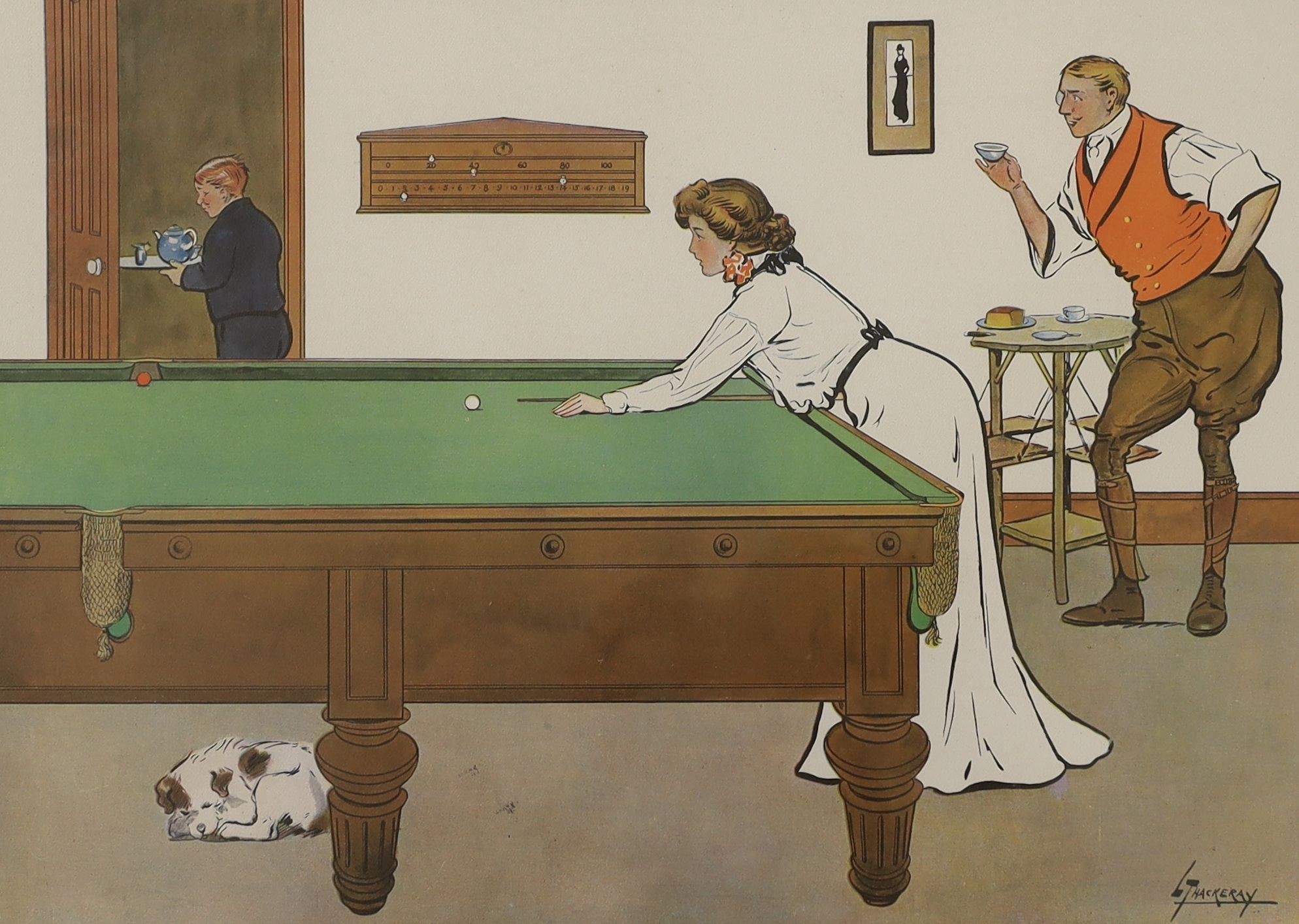 Lance Thackeray (1869-1916), a set of four chromolithographs, 'A billiard match', overall 47 x 60cm